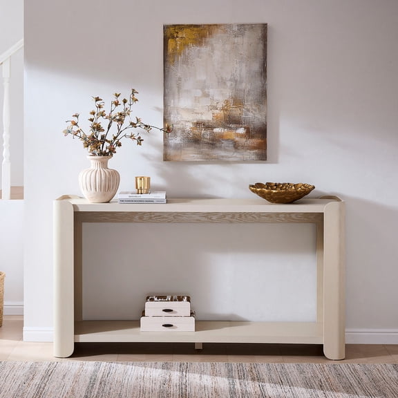 Aitjunz 63" W Long Console Table for Entryway, 2-Tier Modern Narrow Entryway Table with Storage, Cream