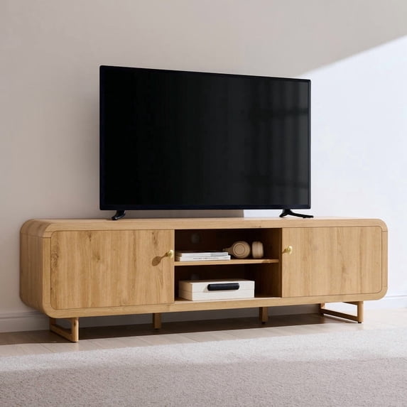 Aitjunz 65" TV Stand, Modern Media Console with Sliding Doors, Rounded Corners, Adjustable Shelves and Open Storage, Entertainment Center for Living Room, Natural