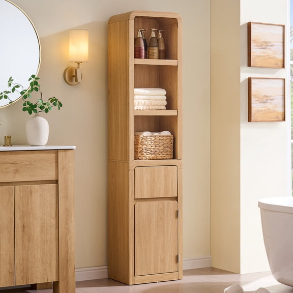 Aitjunz 68" Tall Bathroom Storage Cabinet with Open Shelf, Narrow Wood Towel Cabinet with Doors and Adjustable Shelves, Curved Linen Cabinet for Bathroom, Entryway & Living Room, Natural