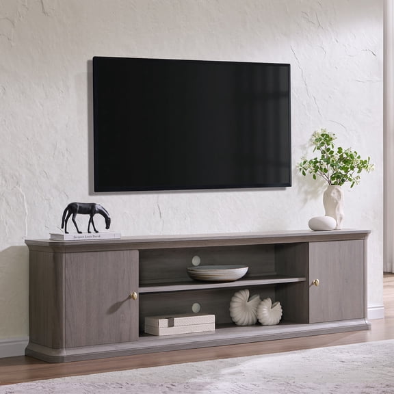 Aitjunz 70" TV Stand for TVs up to 75", Modern Media Console with Waterfall Wood Grain, Adjustable Shelves, 2 Storage Cabinets and Open Shelf, Entertainment Center for Living Room, Grey