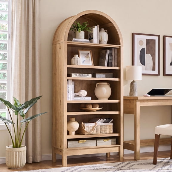 Aitjunz 71" Tall Arched Bookshelf with Storage, 7-Tier Wood Bookcase with 3 Adjustable Shelves, Large Bookshelf for Living Room, Bedroom, and Office, Natural