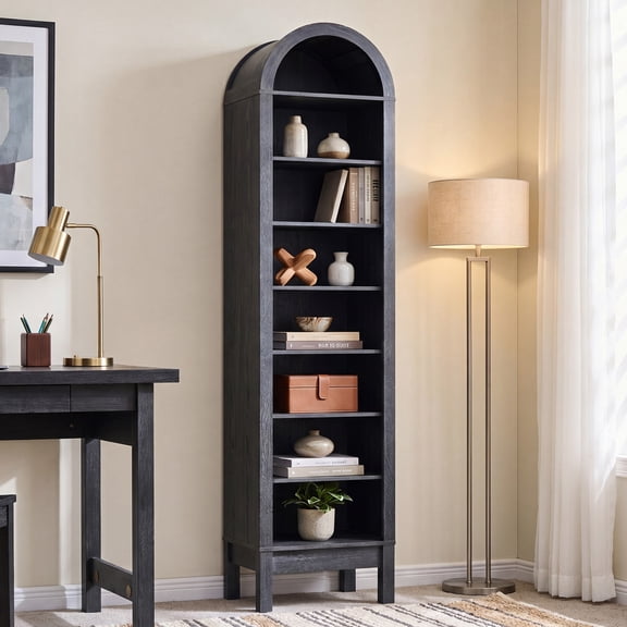 Aitjunz 71" Tall Arched Bookshelf with Storage, 8-Tier Wood Bookcase with 3 Adjustable Shelves, Medium Bookshelf for Living Room, Bedroom, and Office, Gray