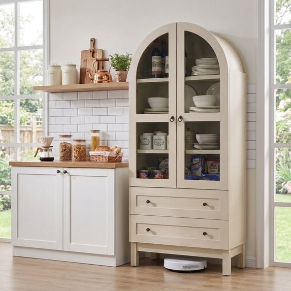 Aitjunz 71" Tall Arched Storage Cabinet with Glass Doors & 2 Drawers, Farmhouse Wood Pantry Cabinet w/ Adjustable Shelves for Bathroom, Kitchen & Living Room, Cream