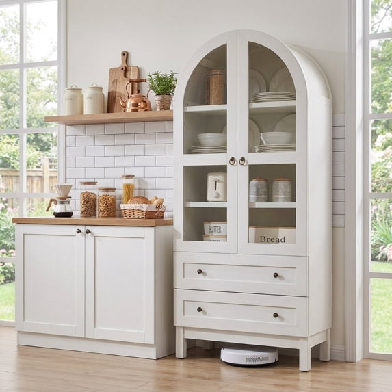 Aitjunz 71" Tall Arched Storage Cabinet with Glass Doors & 2 Drawers, Farmhouse Wood Pantry Cabinet w/ Adjustable Shelves for Bathroom, Kitchen & Living Room, White