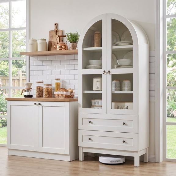 Aitjunz 71" Tall Arched Storage Cabinet with Glass Doors & 2 Drawers, Farmhouse Wood Pantry Cabinet w/ Adjustable Shelves for Bathroom, Kitchen & Living Room, White