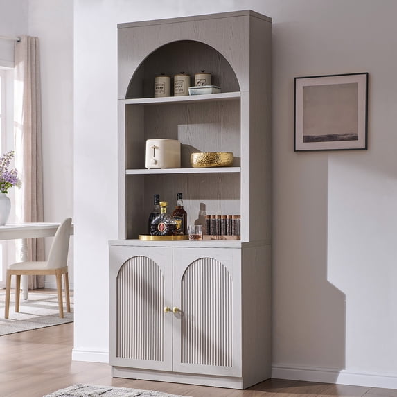 Aitjunz 77.6" Tall Pantry Cabinet, Kitchen Pantry Storage Cabinet with Adjustable Shelves, Open Storage and 2 Fluted Doors, Freestanding Kitchen Cabinet for Dining Room, Light Gray