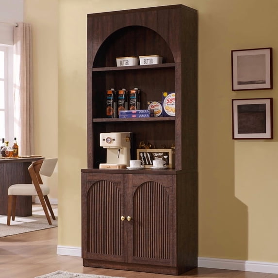 Aitjunz 77.6" Tall Pantry Cabinet, Kitchen Pantry Storage Cabinet with Adjustable Shelves, Open Storage and 2 Fluted Doors, Freestanding Kitchen Cabinet for Dining Room, Brown