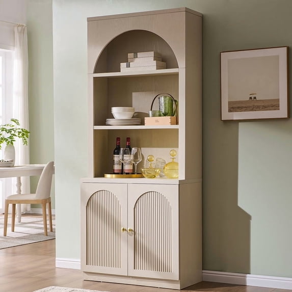 Aitjunz 77.6" Tall Pantry Cabinet, Kitchen Pantry Storage Cabinet with Adjustable Shelves, Open Storage and 2 Fluted Doors, Freestanding Kitchen Cabinet for Dining Room, Cream
