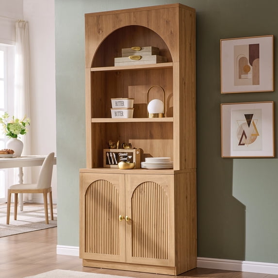Aitjunz 77.6" Tall Pantry Cabinet, Kitchen Pantry Storage Cabinet with Adjustable Shelves, Open Storage and 2 Fluted Doors, Freestanding Kitchen Cabinet for Dining Room, Natural