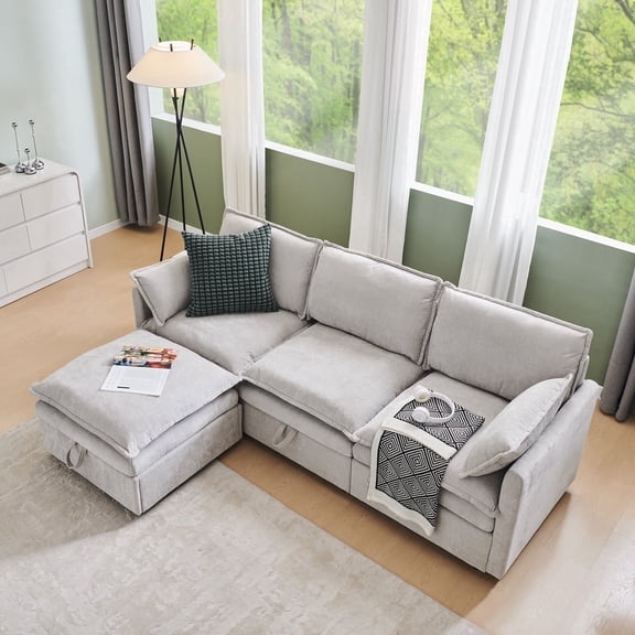 Aitjunz 85.83'' Modular Cloud Couches, Sectional Sofa for Living Room, Modern Couches and Sofas with Storage Ottoman, L-Shape 4 Seat Chenille Cloud Sofa with Pillows for Bedroom