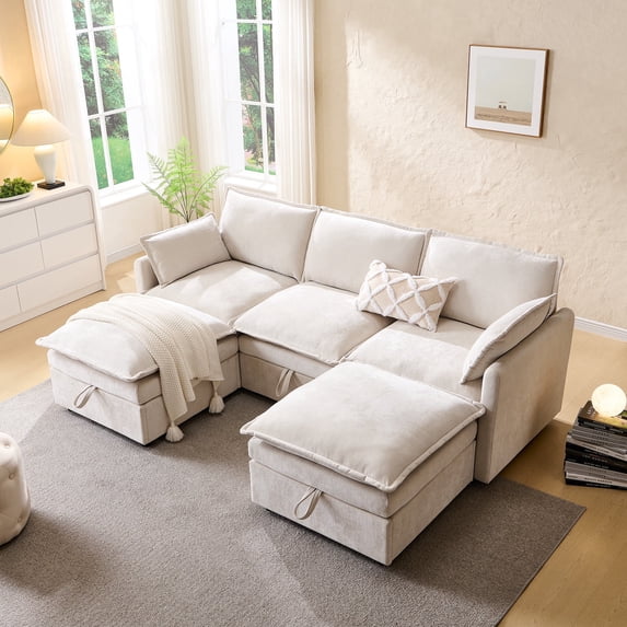 Aitjunz 85.83'' Modular Cloud Couches, Sectional Sofa for Living Room, Modern Couches and Sofas with Storage Ottoman, U-Shape 5 Seat Chenille Cloud Sofa with Pillows for Bedroom
