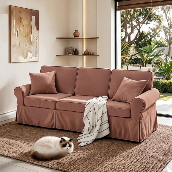 Aitjunz 87.6" Sofa Couch, 3 Seater Sofa for Living Room, Upholstered Deep Seat Couch with Round Arms, Removable Skirted Cover and Toss Pillows, Old Rosa