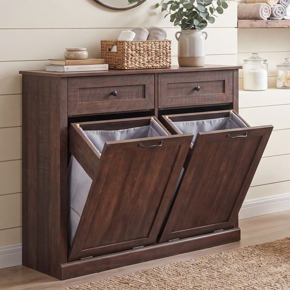 Aitjunz Double Tilt Out Laundry Hamper Cabinet with Drawer, Farmhouse Wood Storage Cabinet with Hidden 20-Gallon Laundry Basket for Bathroom and Laundry Room, Brown