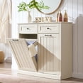 thumbnail image 1 of Aitjunz Double Tilt Out Trash Can Cabinet with Drawer, Wooden Farmhouse Kitchen Cabinet with 20-Gallon Hidden Trash Can Storage, Cream, 1 of 7