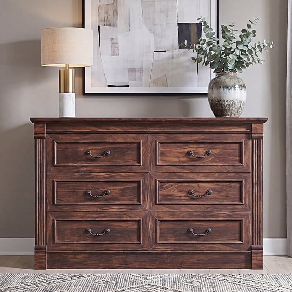 Aitjunz Farmhouse 6 Drawer Double Dresser for Bedroom, 47" Wide Wood Chest of Drawers, Brown
