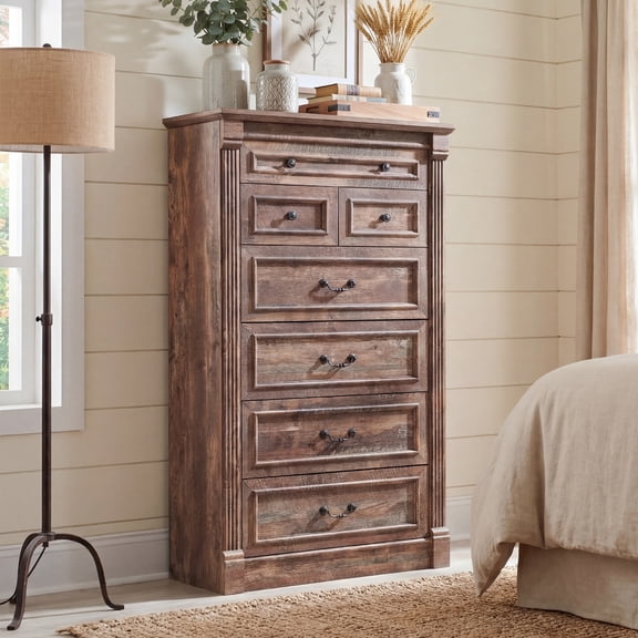 Aitjunz Farmhouse 7 Drawers Dresser for Bedroom, 57" Tall Wood Rustic Chest of Drawers, Light Brown