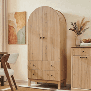 Aitjunz Fluted Arched Pantry Storage Cabinet, 71 Kitchen Tall Cabinet with 2 Doors & 2 Large Drawers, Wooden Cabinet w/Adjustable Shelves for Dining Room and Living Room, Natural