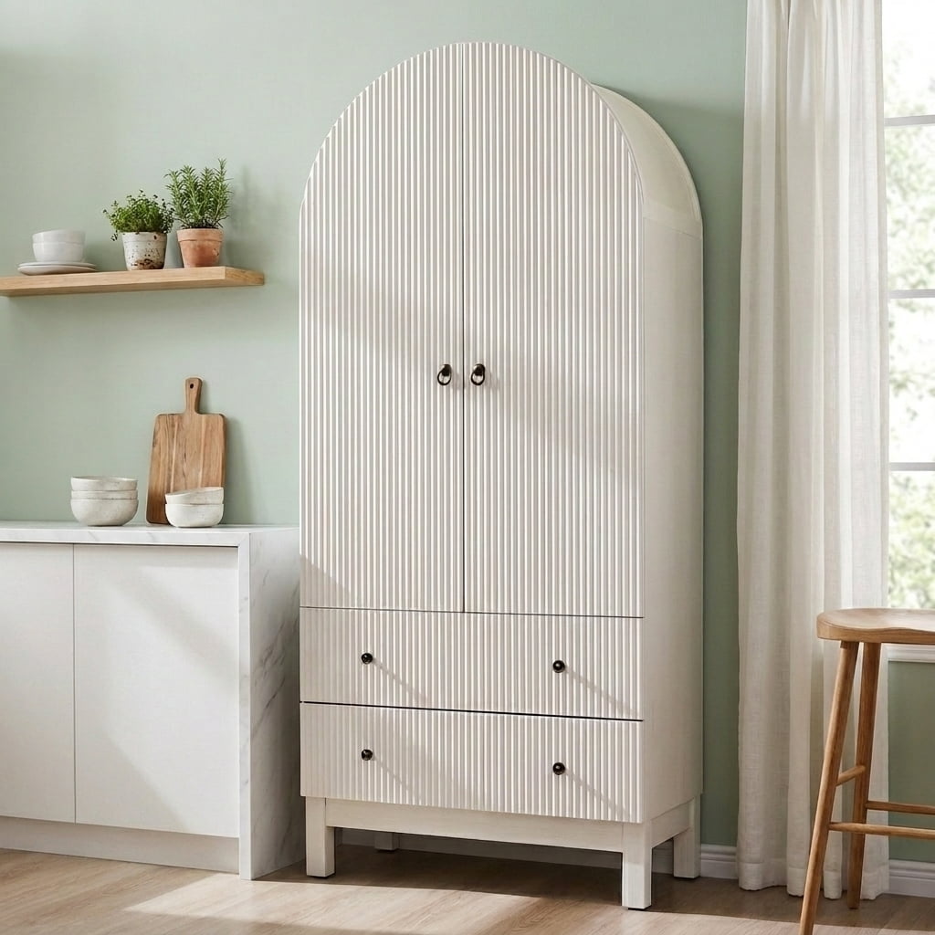 Aitjunz Fluted Arched Pantry Storage Cabinet, 71'' Kitchen Tall Cabinet with 2 Doors & 2 Large Drawers, Wooden Cabinet w/Adjustable Shelves for Dining Room and Living Room, Natural
