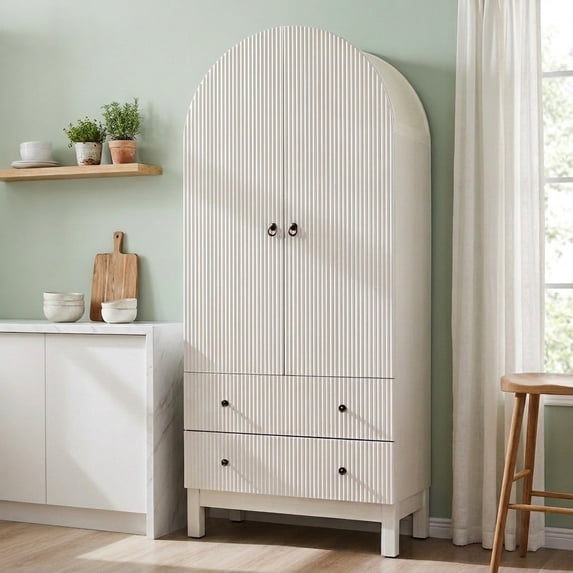 Aitjunz Fluted Arched Pantry Storage Cabinet, 71'' Kitchen Tall Cabinet with 2 Doors & 2 Large Drawers, Wooden Cabinet w/Adjustable Shelves for Dining Room and Living Room, Natural