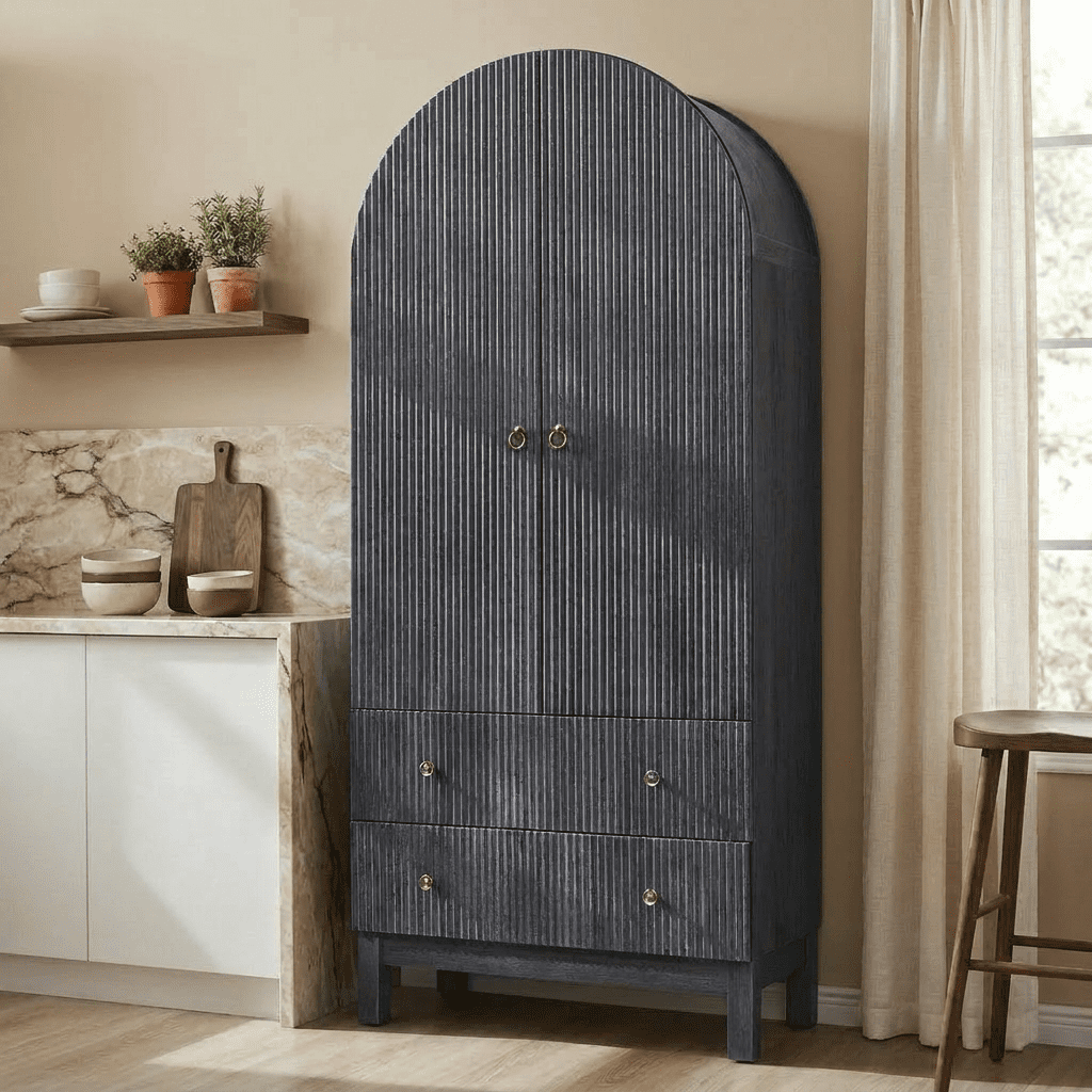 Aitjunz Fluted Arched Pantry Storage Cabinet, 71'' Kitchen Tall Cabinet with 2 Doors & 2 Large Drawers, Wooden Cabinet w/Adjustable Shelves for Dining Room and Living Room, Natural