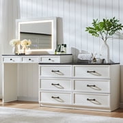 Aitjunz L-Shaped Vanity Desk with 30" LED Mirror, Farmhouse Makeup Vanity with 9 Drawers, 3-Color Adjustable Lights, Glass Display Top and Large Storage, White