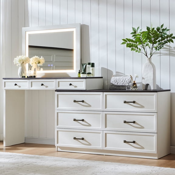 Aitjunz L-Shaped Vanity Desk with 30" LED Mirror, Farmhouse Makeup Vanity with 9 Drawers, 3-Color Adjustable Lights, Glass Display Top and Large Storage, White