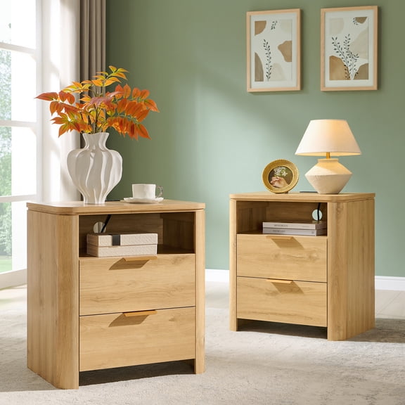 Aitjunz Modern 2 Drawer Nightstands Set of 2, 24" Wood Bedside Tables with Open Shelf, Natural