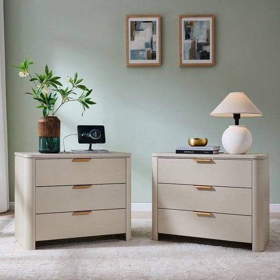 Aitjunz Modern 3 Drawer Nightstands Set of 2 with Large Storage, 29" W Wood Bedside Tables, Cream