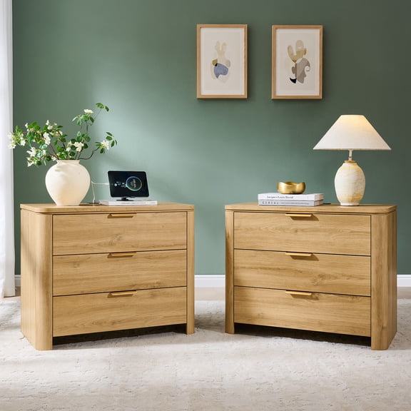 Aitjunz Modern 3 Drawer Nightstands Set of 2 with Large Storage, 29" W Wood Bedside Tables, Natural