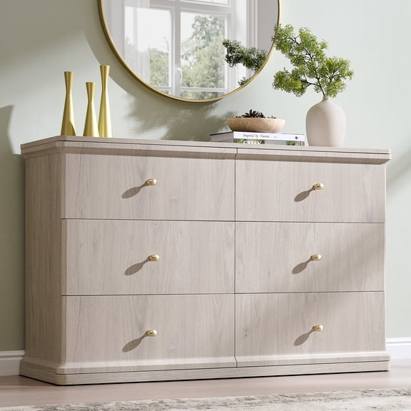 Aitjunz Modern 47" Wide 6 Drawers Dresser for Bedroom, Wood Large Storage Dressers w/ Curved Waterfall Edge Design
