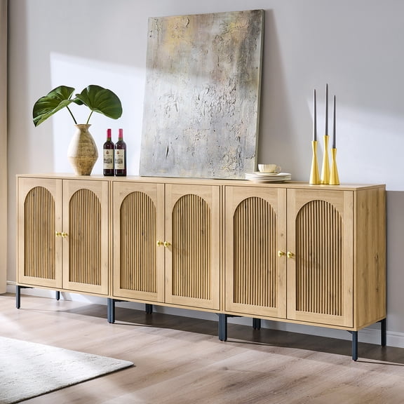 Aitjunz Modern Buffet Cabinet with Storage, 92.63'' W Sideboard and Buffets, Fluted Arched Cabinet w/Adjustable Shelces, Wooden Coffee Bar for Dining Room, Kitchen, Living Room, Entryway, Natural