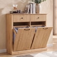 thumbnail image 1 of Aitjunz Modern Double Tilt Out Trash Can Cabinet with 2 Drawers, Fluted Wooden Kitchen Cabinet w/ 20 Gallon Hidden Trash Can Cabinet, Natural, 1 of 10
