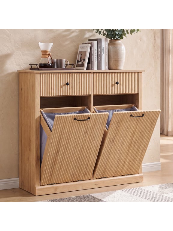 Modern Double Tilt Out Trash Can Cabinet with 2 Drawers, Fluted Wooden Kitchen Cabinet w/ 20 Gallon Hidden Trash Can Cabinet, Natural