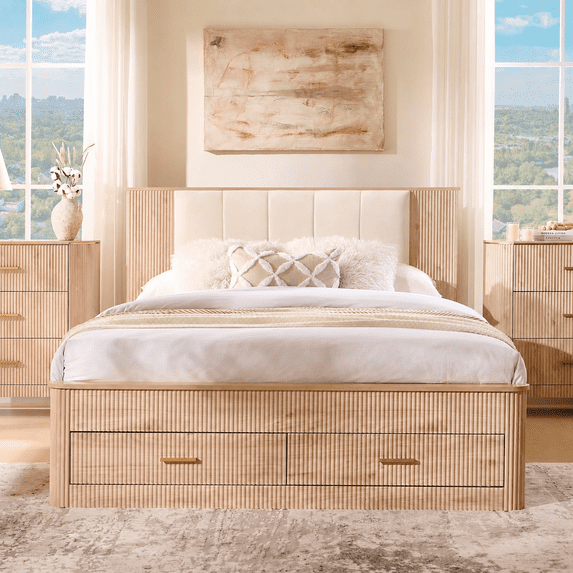 Aitjunz Modern Full Size Bed Frame with Upholstered Headboard and Charging Station, 2 Storage Drawers, Fluted Wood Platform Bed Frame, No Box Spring Needed, White