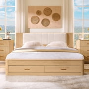 Aitjunz Modern King Size Bed Frame with Upholstered Headboard and Charging Station, 2 Storage Drawers, Fluted Wood Platform Bed Frame, No Box Spring Needed, Natural