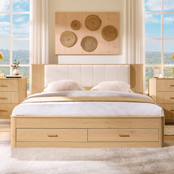 Aitjunz Modern King Size Bed Frame with Upholstered Headboard and Charging Station, 2 Storage Drawers, Fluted Wood Platform Bed Frame, No Box Spring Needed, Natural