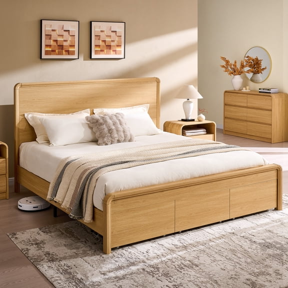 Aitjunz Modern King Size Bed Frame with 50" Tall Headboard and 3 Storage Drawers, Wood Platform Bed with Curved Design, No Box Spring Needed, Natural