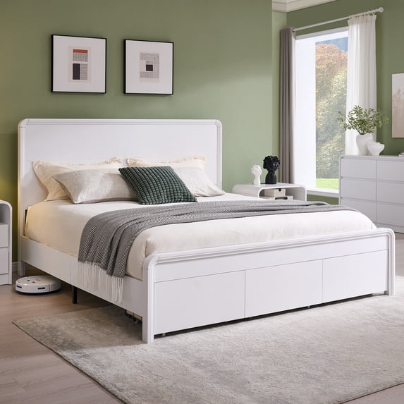 Aitjunz Modern King Size Bed Frame with 50" Tall Headboard and 3 Storage Drawers, Wood Platform Bed with Curved Design, No Box Spring Needed, White