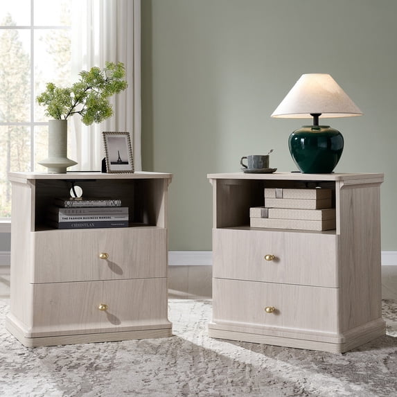 Aitjunz Modern Nightstand Set of 2, 23'' Tall Bedside Table w/ 2 Drawers for Storage, Wooden Mid Century End Table w/Charging Station & Open Shelf for Bedroom Living Room