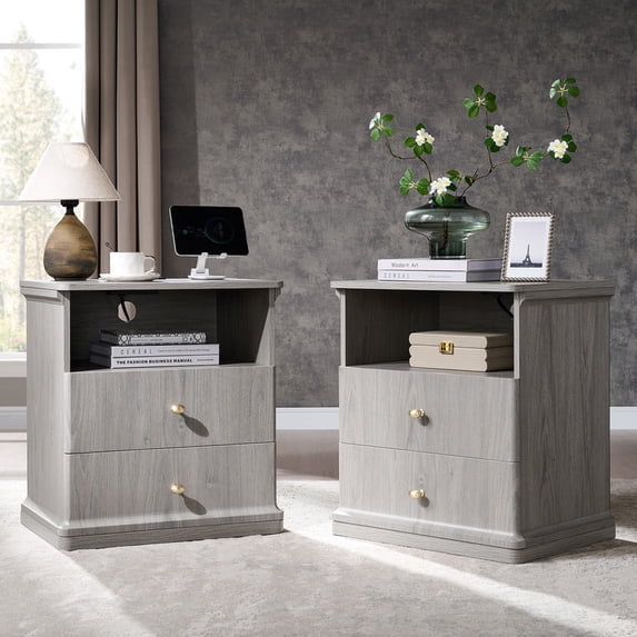 Aitjunz Modern Nightstand Set of 2, 23'' Tall Bedside Table w/ 2 Drawers for Storage, Wooden Mid Century End Table w/Charging Station & Open Shelf for Bedroom Living Room