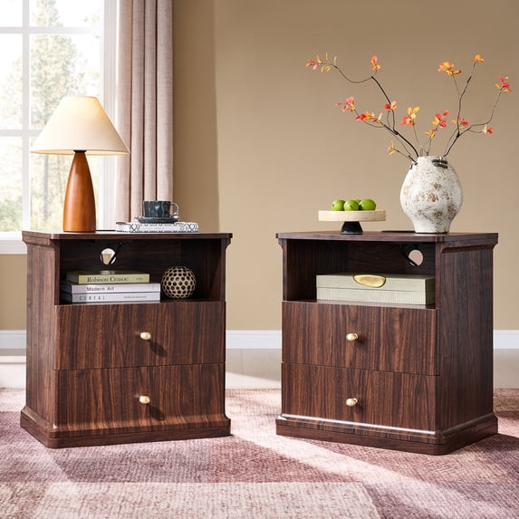 Aitjunz Modern Nightstand Set of 2, 23'' Tall Bedside Table w/ 2 Drawers for Storage, Wooden Mid Century End Table w/Charging Station & Open Shelf for Bedroom Living Room