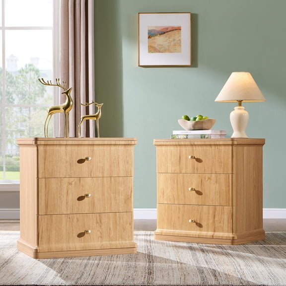Aitjunz Modern Nightstand Set of 2, 23'' Tall Bedside Table w/ 3 Drawers for Storage, Wooden Mid Century End Table w/Charging Station and Storage for Bedroom Living Room