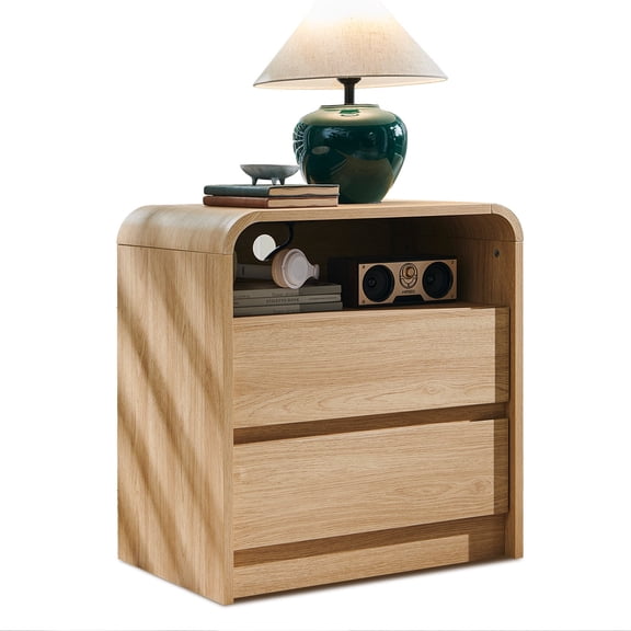 Aitjunz Modern Nightstands with Charging Station, 25" Tall Wood Bedside Table w/2 Stoarge Drawers, End Table with Open Shelf for Bedroom, Curved Profile Design