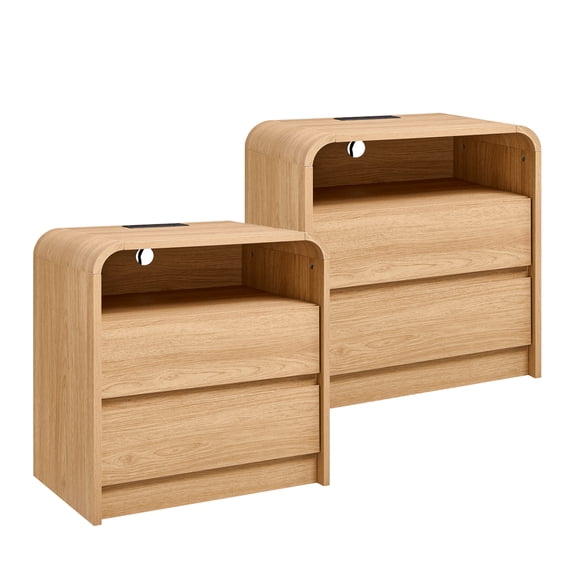 Aitjunz Modern Nightstands Set of 2 with Charging Station, 25" Tall Wood Bedside Table w/2 Stoarge Drawers, End Table with Open Shelf for Bedroom, Curved Profile Design