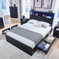 thumbnail image 1 of Aitjunz Modern Queen Size Bed Frame with 50" Tall Storage Headboard, 4 Under-Bed Storage Drawers, Fluted Wood Platform Bed w/ LED Lighting and Charging Station, No Box Spring Needed, Black, 1 of 6