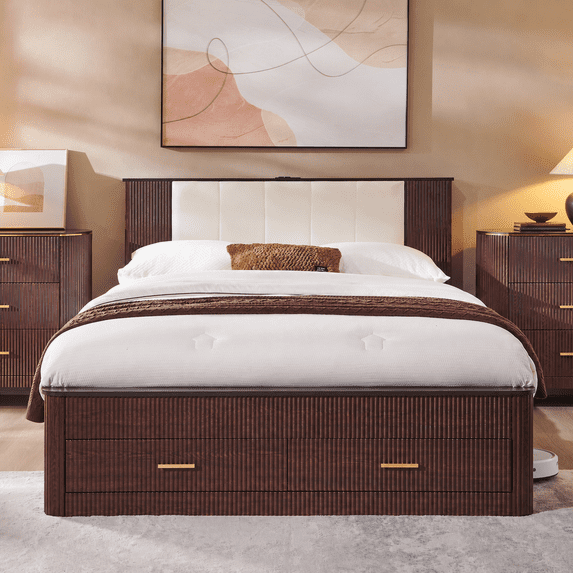 Aitjunz Modern Queen Size Bed Frame with Upholstered Headboard and Charging Station, 2 Storage Drawers, Fluted Wood Platform Bed Frame, No Box Spring Needed, Dark Gray