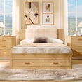 thumbnail image 1 of Aitjunz Modern Queen Size Bed Frame with Upholstered Headboard and Charging Station, 2 Storage Drawers, Fluted Wood Platform Bed Frame, No Box Spring Needed, Natural, 1 of 7