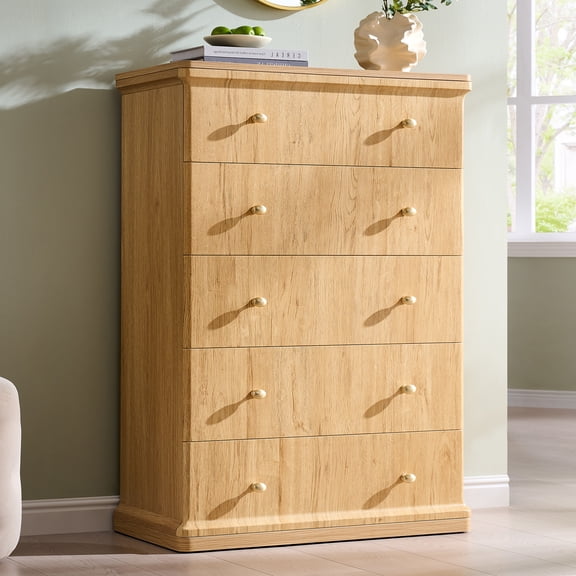 Aitjunz Modern Tall Dresser, 42 Inch 5 Drawer Chest of Drawers for Bedroom, Wooden Storage Dresser with Curved Waterfall Edge and Metal Handles