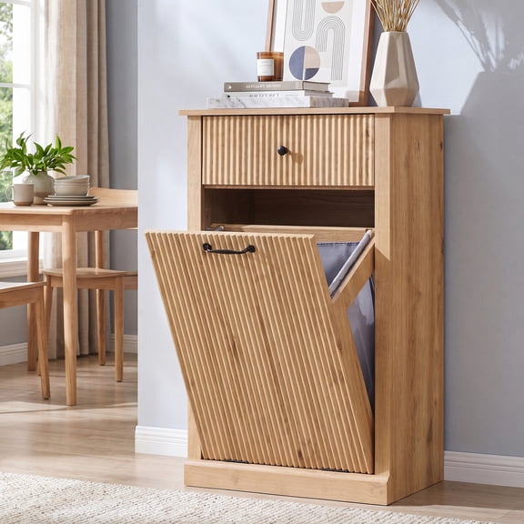 Aitjunz Modern Tilt Out Trash Can Cabinet with Drawer, Fluted Wooden Kitchen Cabinet w/ 10 Gallon Hidden Trash Can Cabinet, Natural