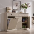 thumbnail image 1 of Aitjunz Modern Triple Tilt Out Trash Can Cabinet with 3 Drawers, Fluted Wooden Kitchen Cabinet w/ 20 Gallon Hidden Trash Can Cabinet, Cream, 1 of 6